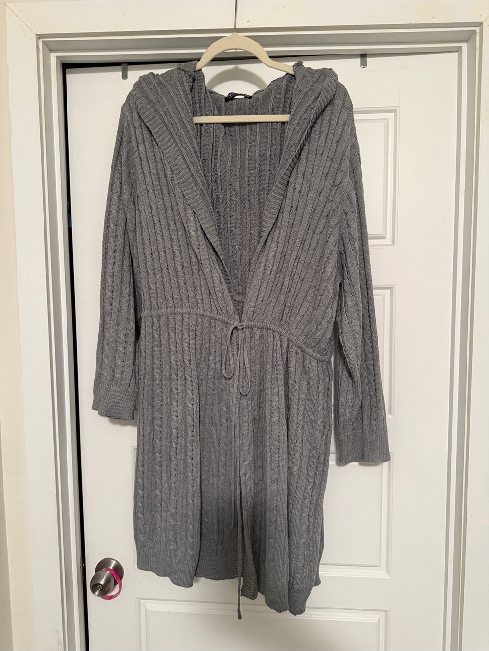 SHEIN Gray Hooded Cable-Knit Tie-Waist Cardigan